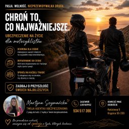 Mshow - Motocykliści na tle zachodzącego słońca, reklama ubezpieczenia na życie dla motocyklistów. Agentka ubezpieczeniowa Martyna Szymańska, kontakt i adres.