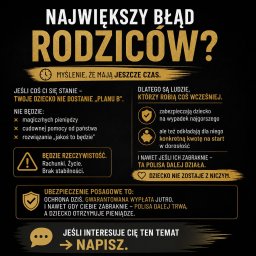 Mshow - Grafika informacyjna o ubezpieczeniu posagowym dla dziecka, podkreślająca korzyści finansowe i ochronę przyszłości. Czarno-złota kolorystyka, hasła o błędach rodziców i planie B.