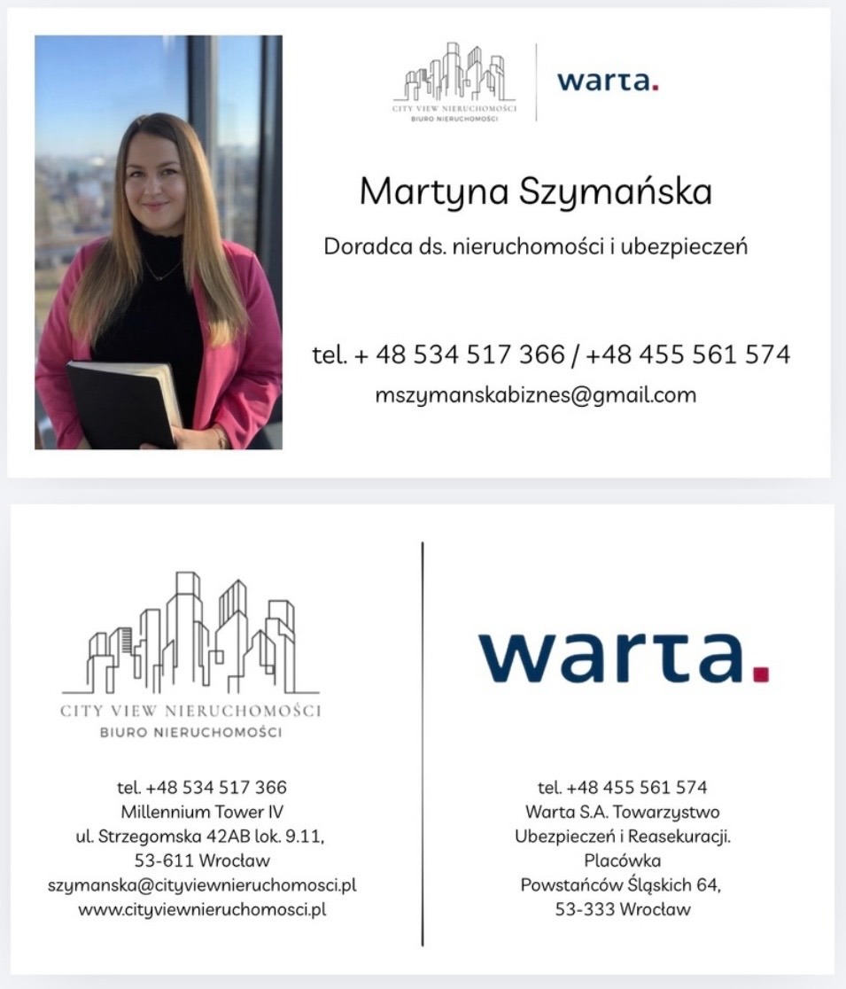 Wizytówka Martyny Szymańskiej, doradcy ds. nieruchomości i ubezpieczeń, z logo City View Nieruchomości i Warta, numerami telefonów i adresem e-mail.