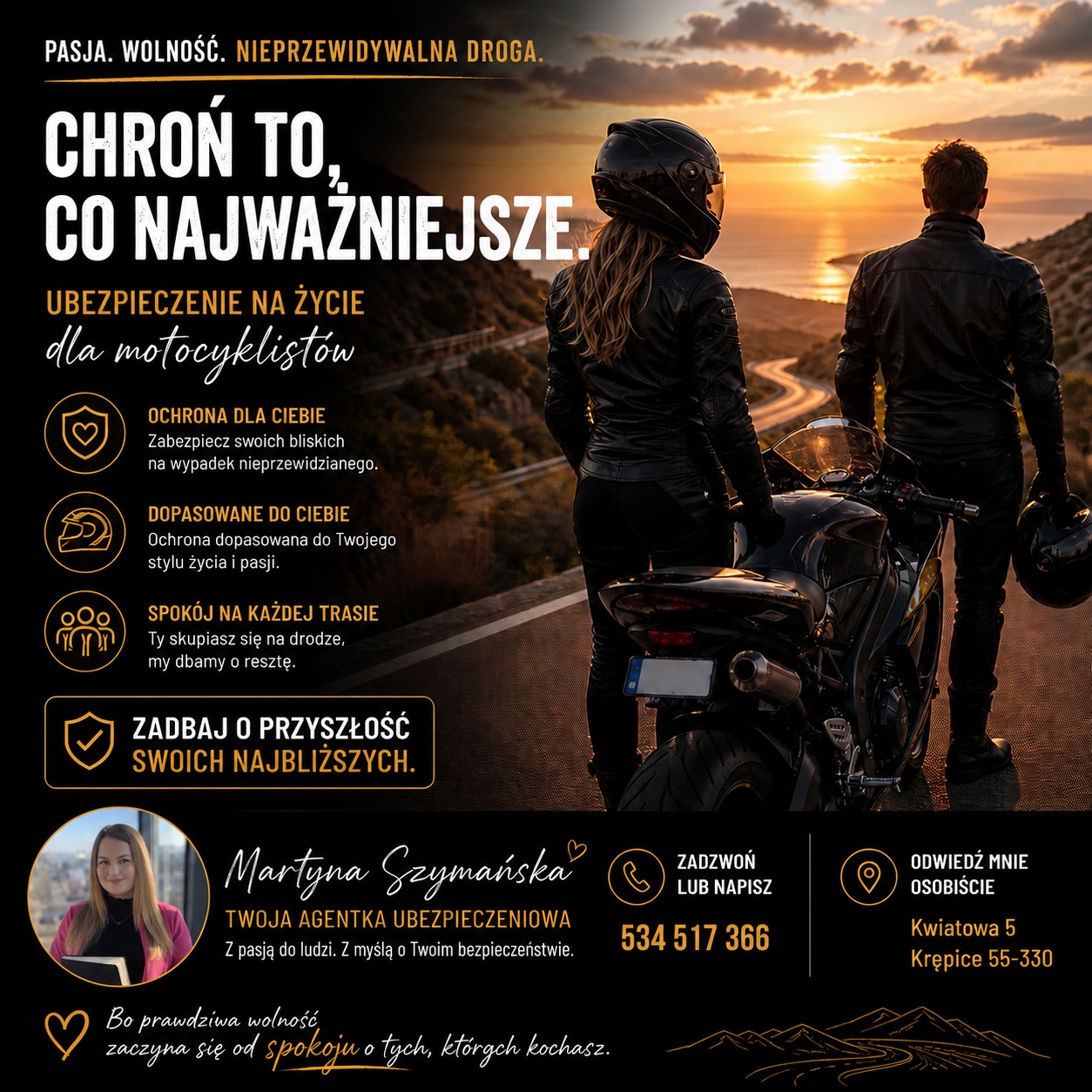 Motocykliści na tle zachodzącego słońca, reklama ubezpieczenia na życie dla motocyklistów. Agentka ubezpieczeniowa Martyna Szymańska, kontakt i adres.