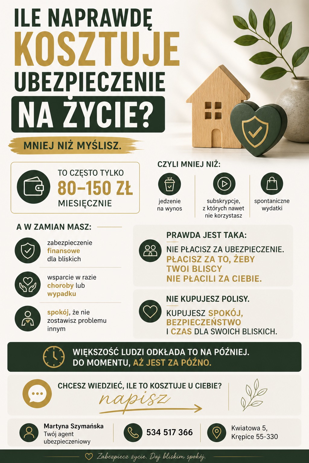 Grafika informacyjna o ubezpieczeniu na życie: niskie miesięczne koszty (80-150 zł) w zamian za zabezpieczenie finansowe bliskich, wsparcie w chorobie i spokój.