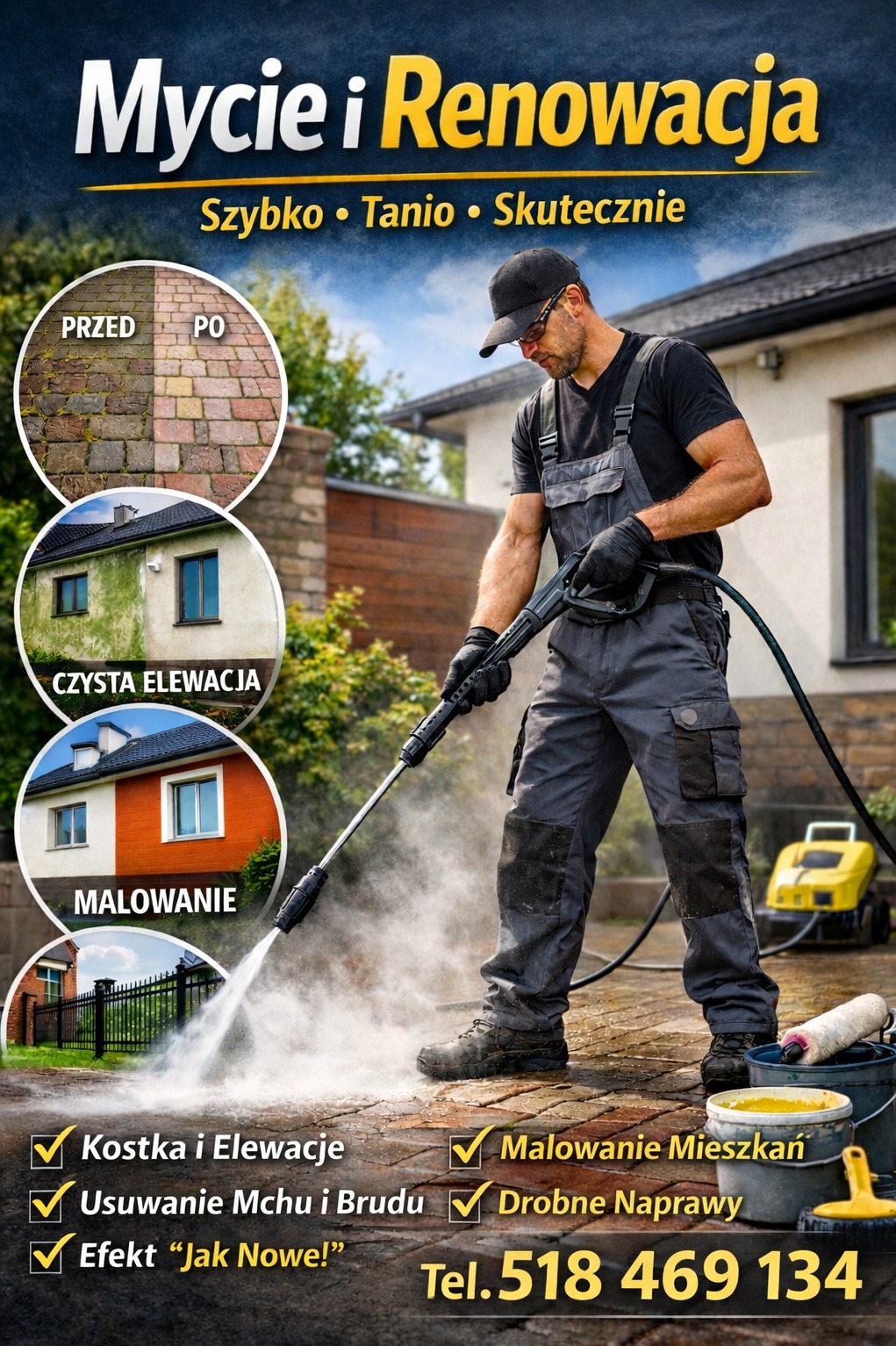 Mężczyzna w kombinezonie czyści kostkę brukową myjką ciśnieniową. W tle dom, a w okręgach przykłady: kostka przed i po, elewacja przed i po, malowanie przed i po.