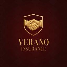 Verano Insurance - Złote logo Verano Insurance na bordowym tle: uścisk dłoni w tarczy. Elegancki branding firmy ubezpieczeniowej, budzący zaufanie i profesjonalizm.