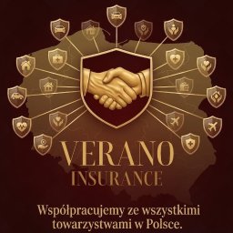 Verano Insurance - Grafika Verano Insurance: uścisk dłoni na tle mapy Polski, otoczony ikonami ubezpieczeń (dom, auto, podróż, zdrowie). Złota kolorystyka, hasło: Współpracujemy.