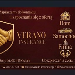 Verano Insurance - Elegancki baner Verano Insurance w odcieniach złota i brązu. Zawiera logo z uściskiem dłoni, adres, telefon, e-mail oraz ikony domu, samochodu, firmy i rodziny.