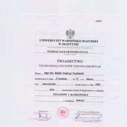 Tremba Rafał Tomaszewski - Świadectwo Ukończenia Studiów Podyplomowych Finanse i Bankowość.