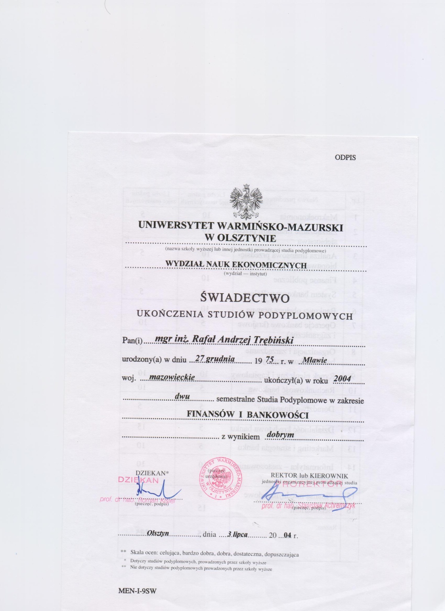 Świadectwo Ukończenia Studiów Podyplomowych Finanse i Bankowość.