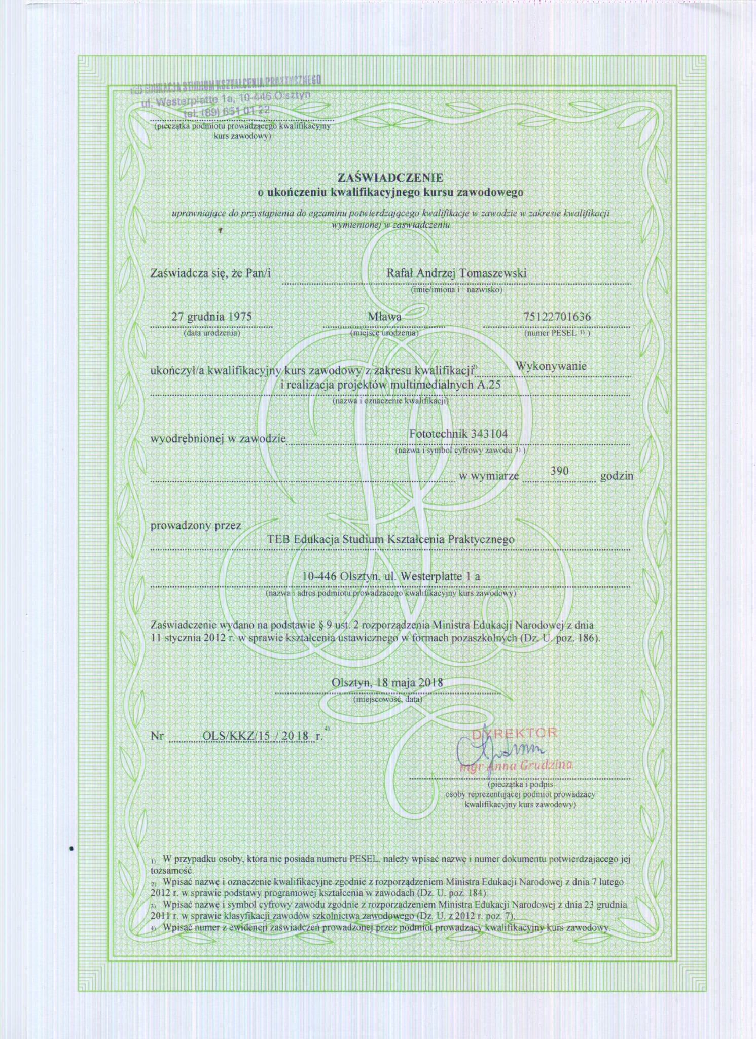 Zaświadczenie o ukończeniu kursu - Wykonywanie i realizacja projektów multimedialnych A25