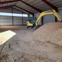 Dremex - Żółta mini koparka Yanmar w hali z metalową konstrukcją, obok sterta piasku. Widoczne ślady opon na piasku. Hala oświetlona naturalnym światłem.