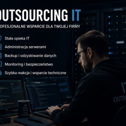 Marcin NB - Mężczyzna w bluzie IT Outsourcing pracuje na laptopie, obok monitory z kodem i serwerownia w tle. Kubek z napisem IT Admin. Profesjonalne wsparcie IT dla firm.