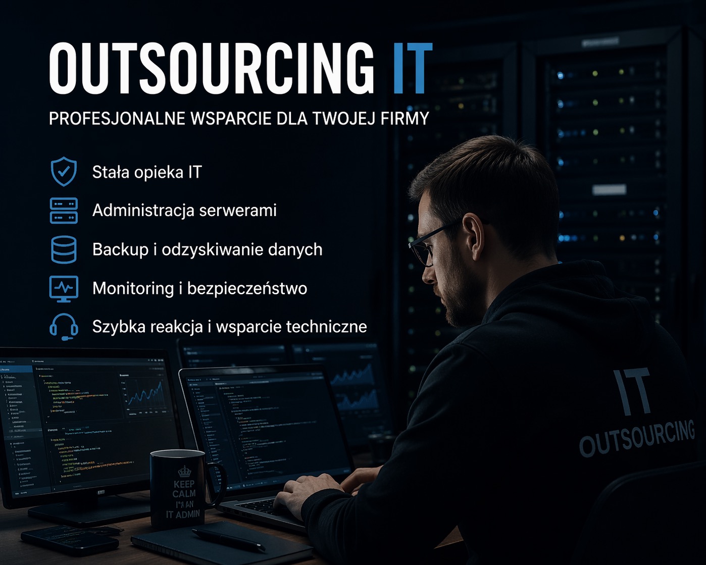 Mężczyzna w bluzie IT Outsourcing pracuje na laptopie, obok monitory z kodem i serwerownia w tle. Kubek z napisem IT Admin. Profesjonalne wsparcie IT dla firm.