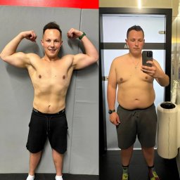 Mateusz Dylon- Trener Personalny - Mężczyzna przed i po treningu personalnym: po lewej wysportowany, po prawej sylwetka przed treningami. Widoczna różnica w muskulaturze i redukcji wagi.