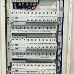 New Invest - Rozdzielnica elektryczna z zamontowanymi bezpiecznikami i przewodami w kolorach: niebieskim, czerwonym, żółto-zielonym. Widoczne listwy zaciskowe.