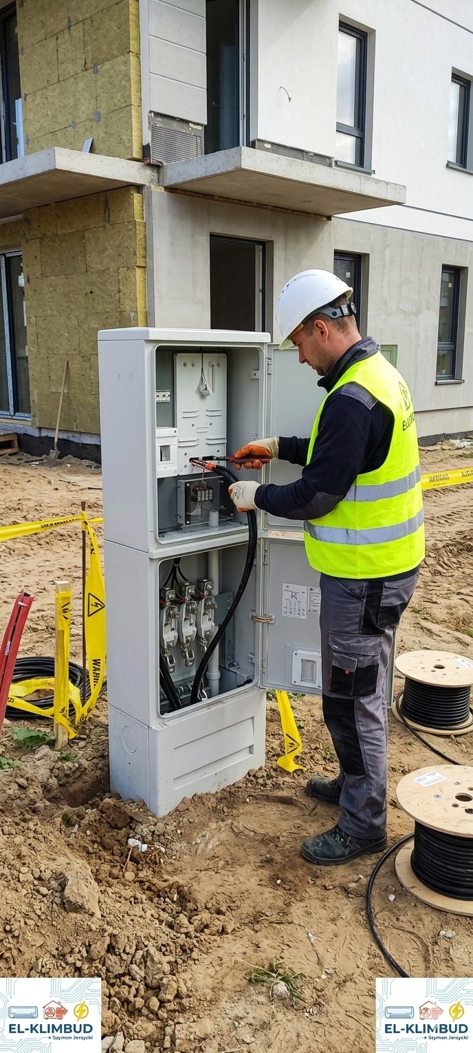 Elektryk w kasku i kamizelce łączy kable w otwartej skrzynce elektrycznej na zewnątrz budynku w trakcie budowy. Widoczne narzędzia i zwój kabla.