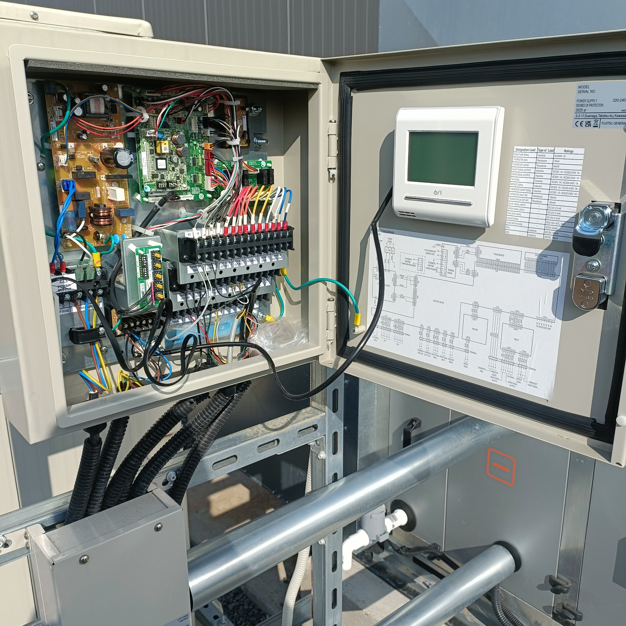 Otwarta szafka sterownicza klimatyzacji z widocznymi przewodami, elektroniką i schematem. Panel sterowania z wyświetlaczem. Widoczne rury instalacyjne.