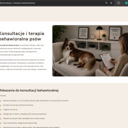 Michał Siwiec - Zrzut ekranu strony internetowej 'przezogondoserca.pl' o konsultacjach behawioralnych psów, z widocznym psem rasy Australian Shepherd i kobietą notującą.