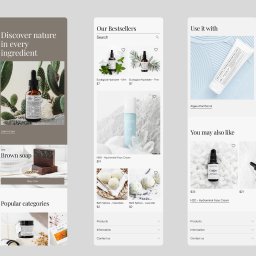 Michał Siwiec - Trzy ekrany mobilne prezentujące projekt sklepu internetowego z naturalnymi kosmetykami. Widoczne produkty: olejki, mydła, hydrolaty, balsamy, kule do kąpieli. Minimalistyczny design UI/UX.