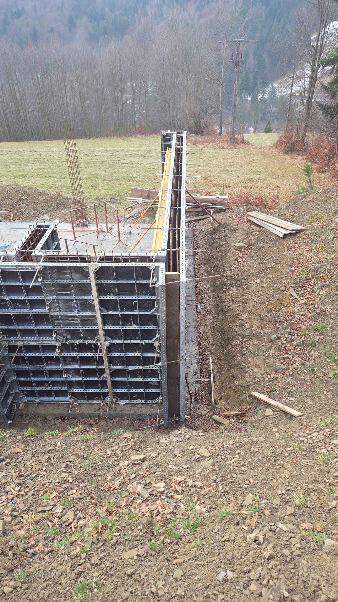 Szare szalunki fundamentowe z metalowymi elementami, widoczne zbrojenia i wykop, w tle łąka i las. Ujęcie z góry ukazuje etap budowy fundamentów.
