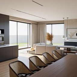 ollie.concept - Nowoczesne wnętrze: otwarta kuchnia z wyspą, jadalnia z drewnianym stołem i rattanowymi krzesłami, salon z beżową sofą i dużym oknem z widokiem na ogród.