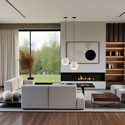 ollie.concept - Nowoczesny salon z kominkiem i regałem na książki. Minimalistyczny design, jasne kolory, duże okna z widokiem na zieleń. Dwa białe sofy i stoliki kawowe na dywanie.