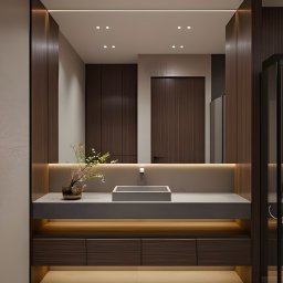 ollie.concept - Nowoczesna łazienka z drewnianymi akcentami, podświetlanym blatem i minimalistyczną umywalką. W tle widoczne drzwi i fragment kabiny prysznicowej.