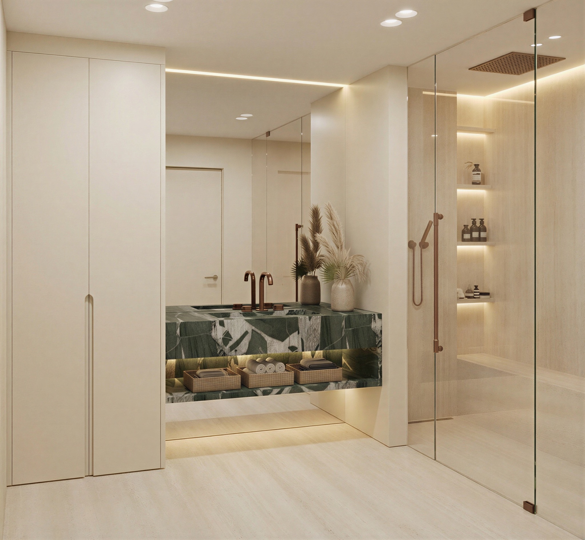 Nowoczesna łazienka z zielonym blatem umywalki z marmuru, przeszklonym prysznicem i beżowymi szafkami. Oświetlenie LED podkreśla detale.