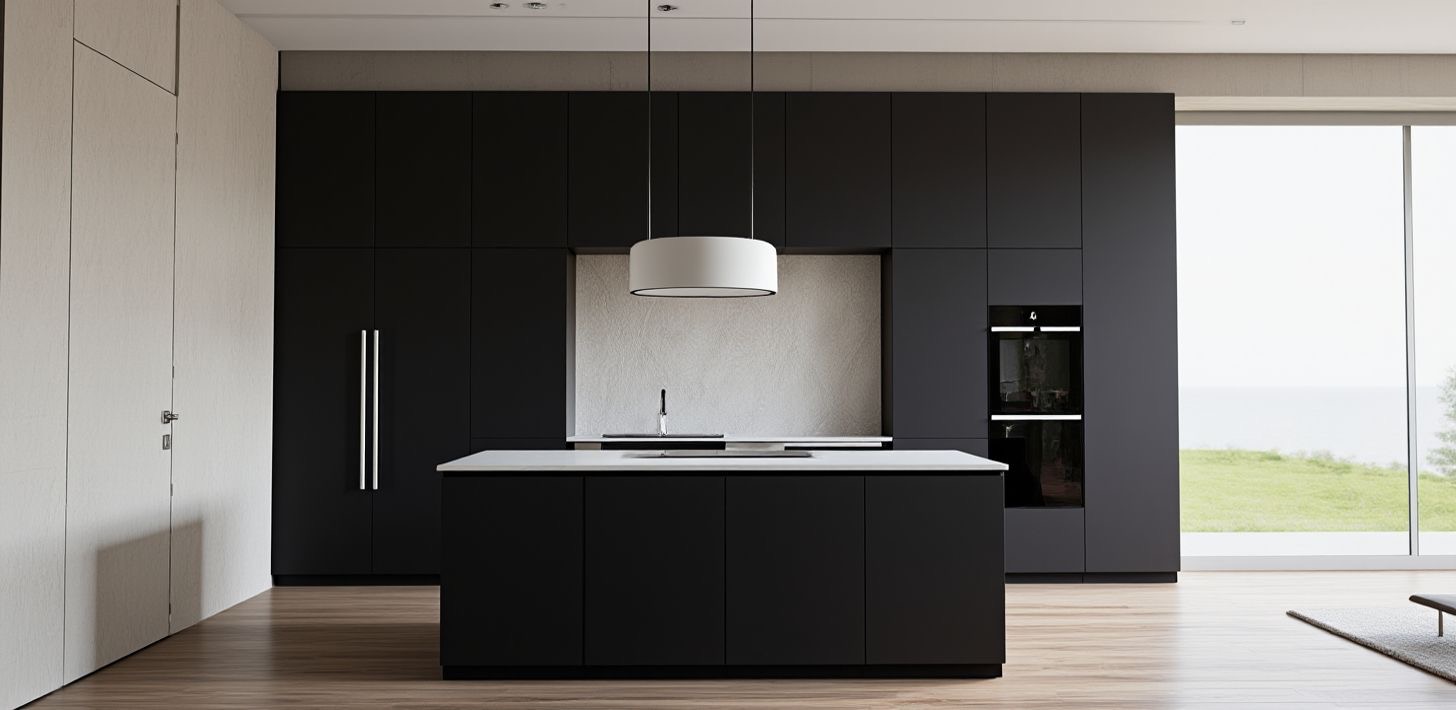 Nowoczesna kuchnia w odcieniach szarości z wyspą i dużym oknem z widokiem na zieleń. Minimalistyczny design, oświetlenie punktowe i drewniana podłoga.