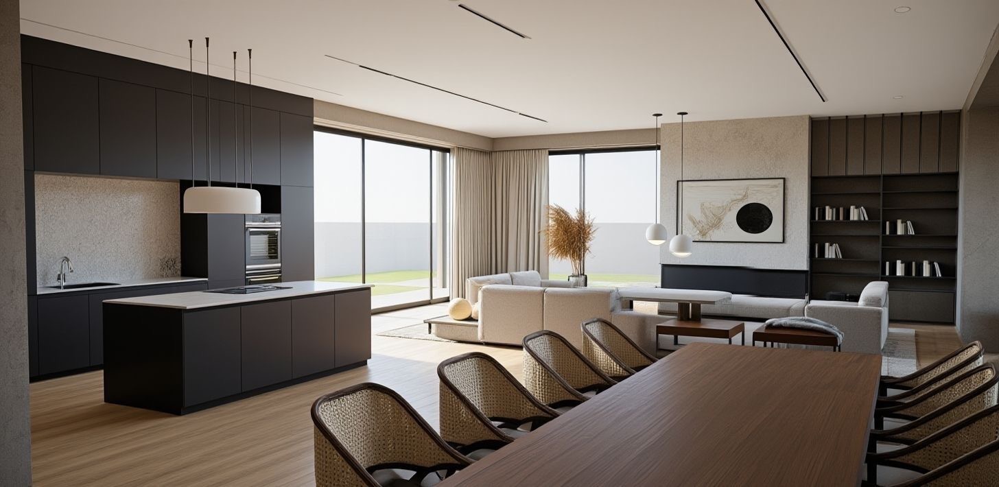 Nowoczesne wnętrze: otwarta kuchnia z wyspą, jadalnia z drewnianym stołem i rattanowymi krzesłami, salon z beżową sofą i dużym oknem z widokiem na ogród.