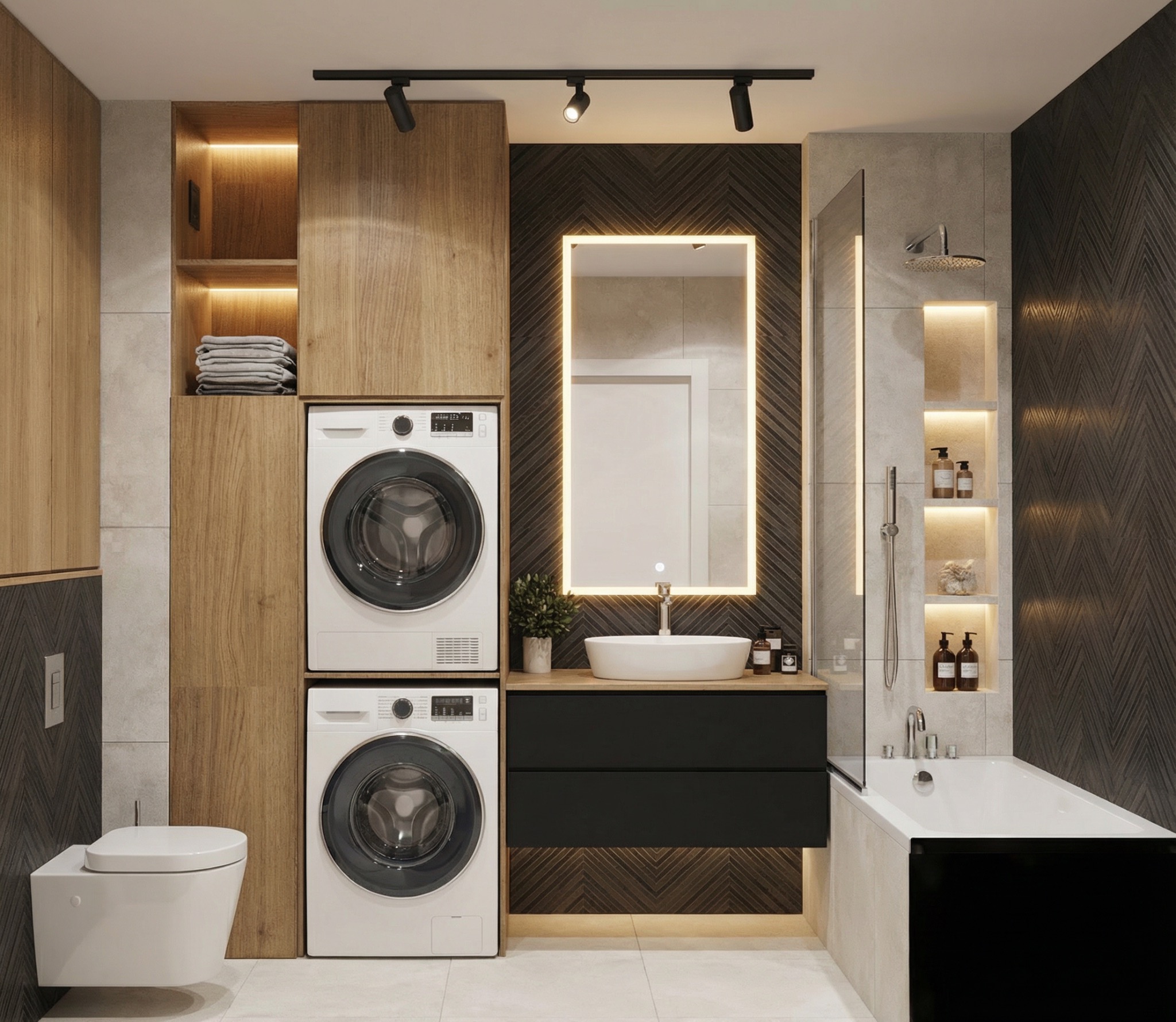 Nowoczesna łazienka z pralką i suszarką w zabudowie, podświetlanym lustrem i wanną z parawanem. Umywalka nablatowa, drewniane i grafitowe wykończenia.