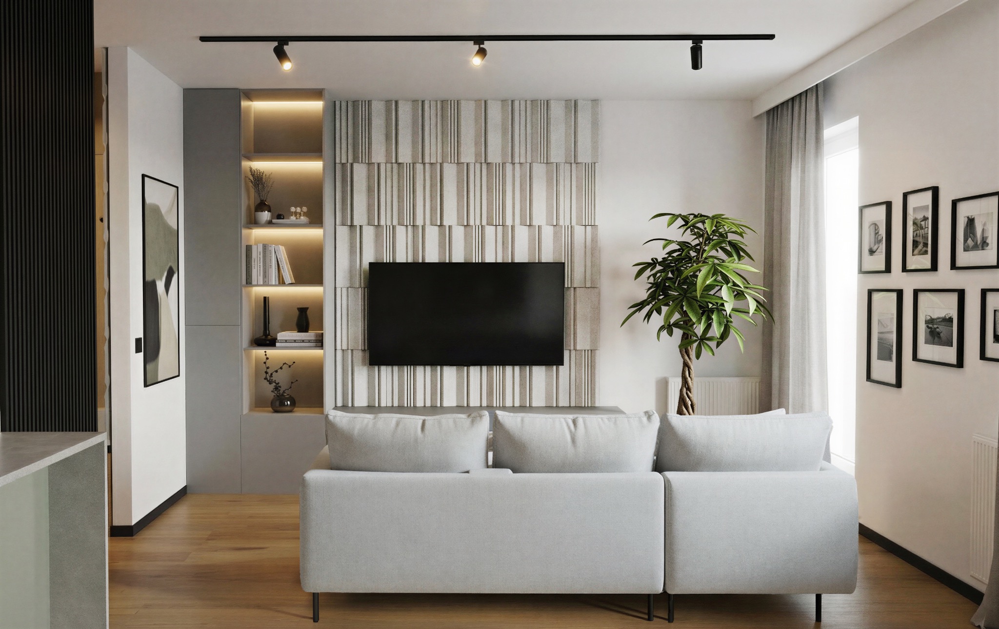Nowoczesny salon z szarą sofą, ścianą z dekoracyjnymi panelami i telewizorem. Minimalistyczne oświetlenie punktowe i drewniana podłoga dodają ciepła wnętrzu.