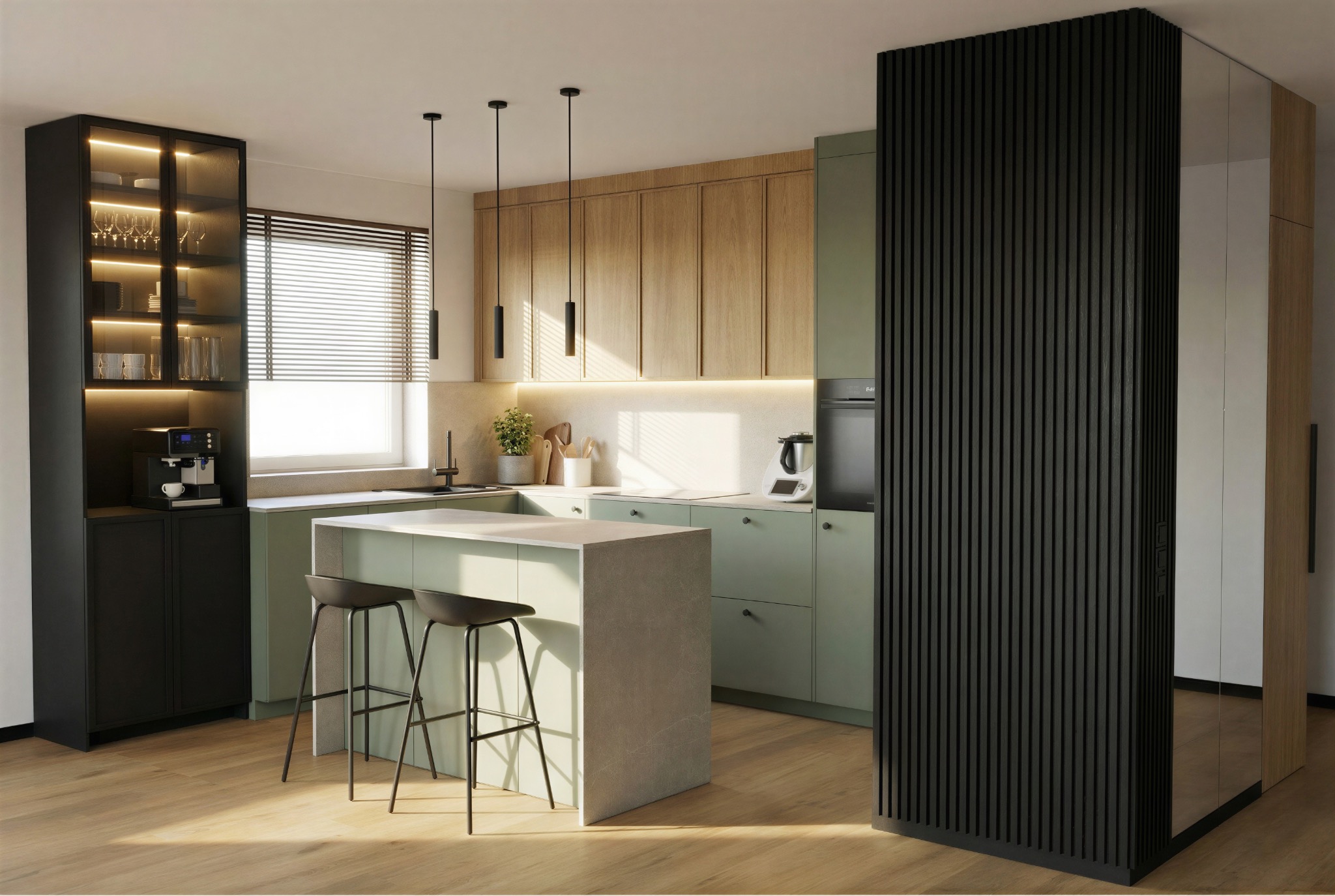 Nowoczesna kuchnia w odcieniach zieleni i drewna z wyspą i hokerami, oświetlona wiszącymi lampami. Czarna, pionowa zabudowa dodaje elegancji. Jasne drewno na podłodze.
