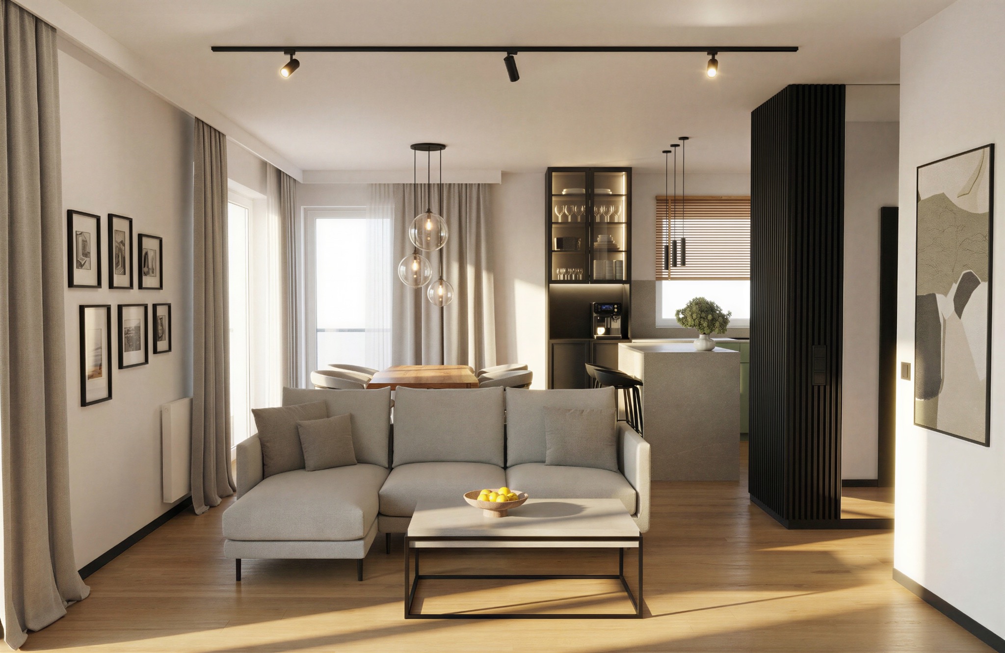 Jasne wnętrze z sofą narożną, stołem kawowym i jadalnią w tle. Minimalistyczny design z drewnianą podłogą i oświetleniem punktowym. Elementy dekoracyjne.