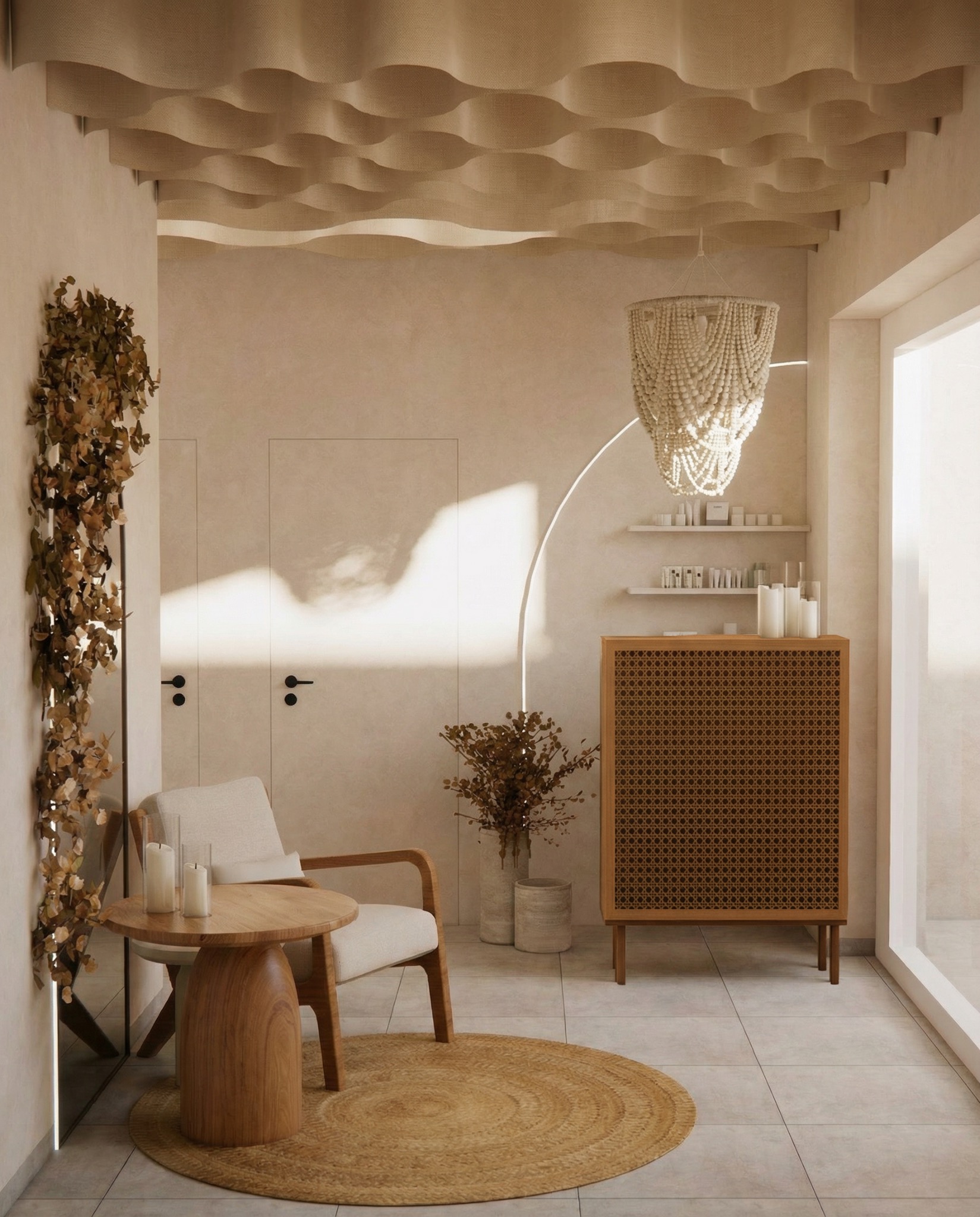 Beżowe wnętrze z okrągłym dywanem, drewnianym stolikiem i krzesłem. Na ścianie dekoracja z liści, a pod sufitem oryginalna, falista konstrukcja.