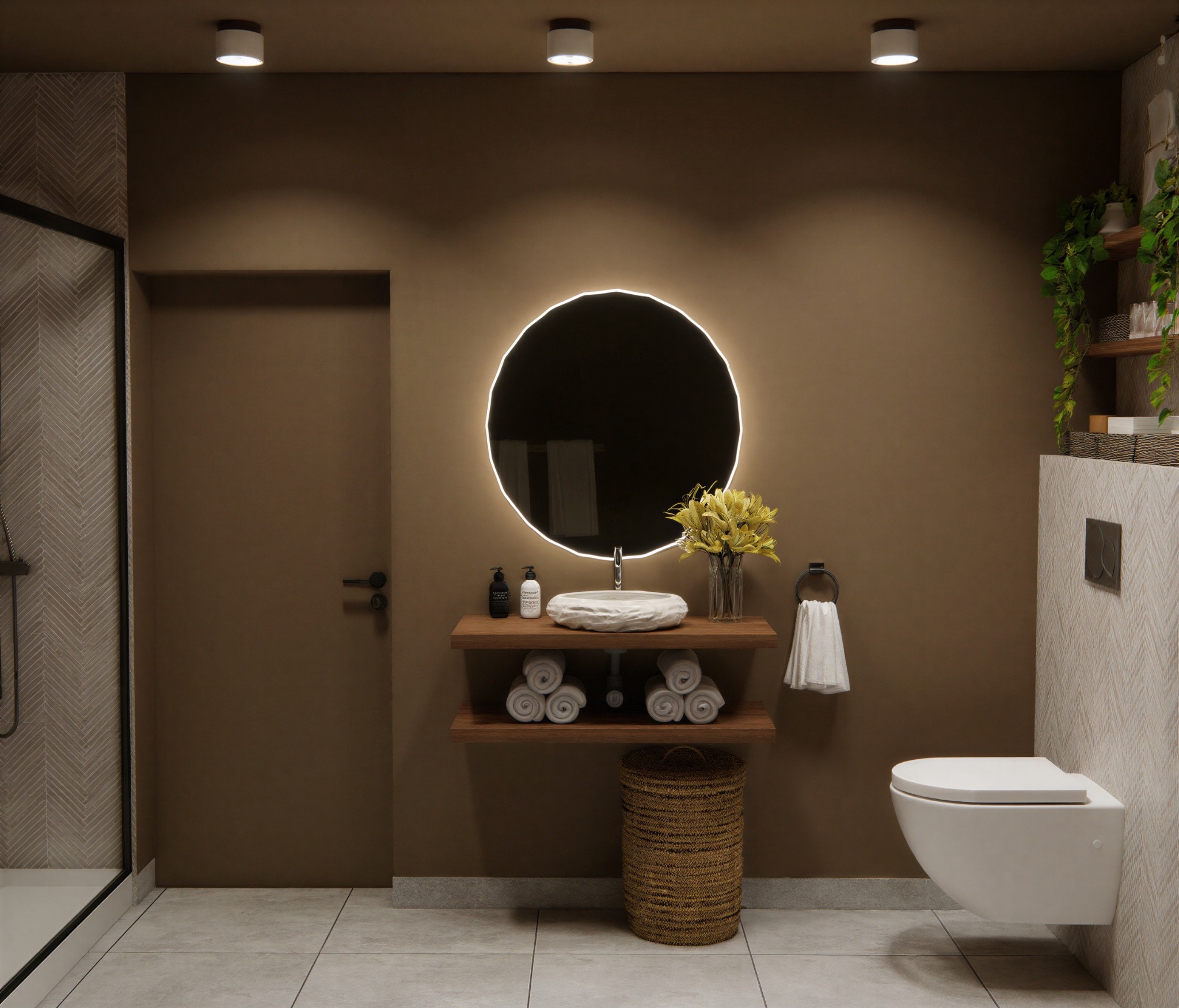 Nowoczesna łazienka w ciepłych brązach: okrągłe lustro z podświetleniem, kamienna umywalka na drewnianych półkach, wisząca toaleta i dekoracyjne rośliny.