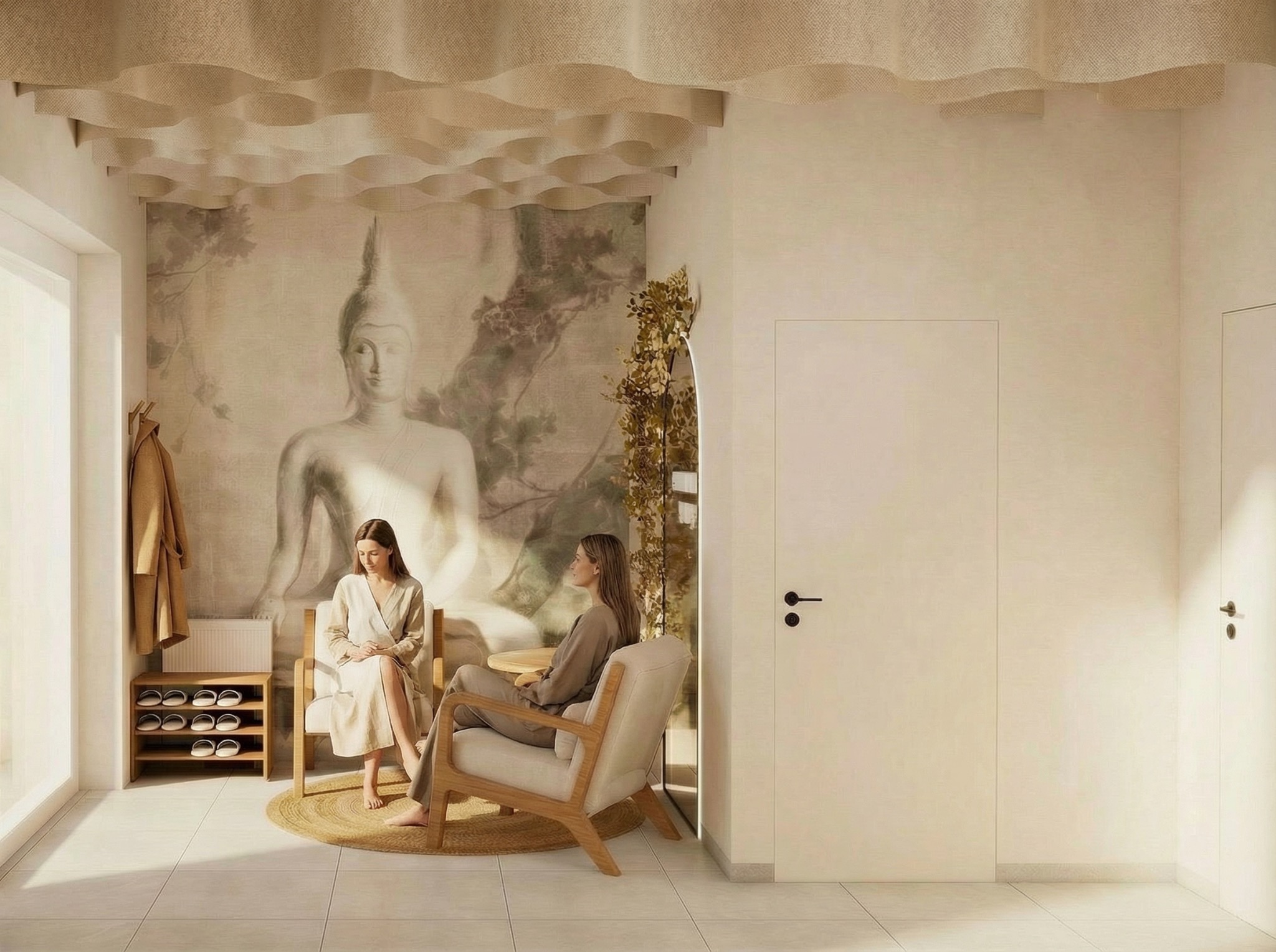 Jasne wnętrze z motywem buddyjskim: dwie kobiety siedzą w fotelach na tle ściany z wizerunkiem Buddy. Dekoracyjny sufit i minimalistyczne meble.