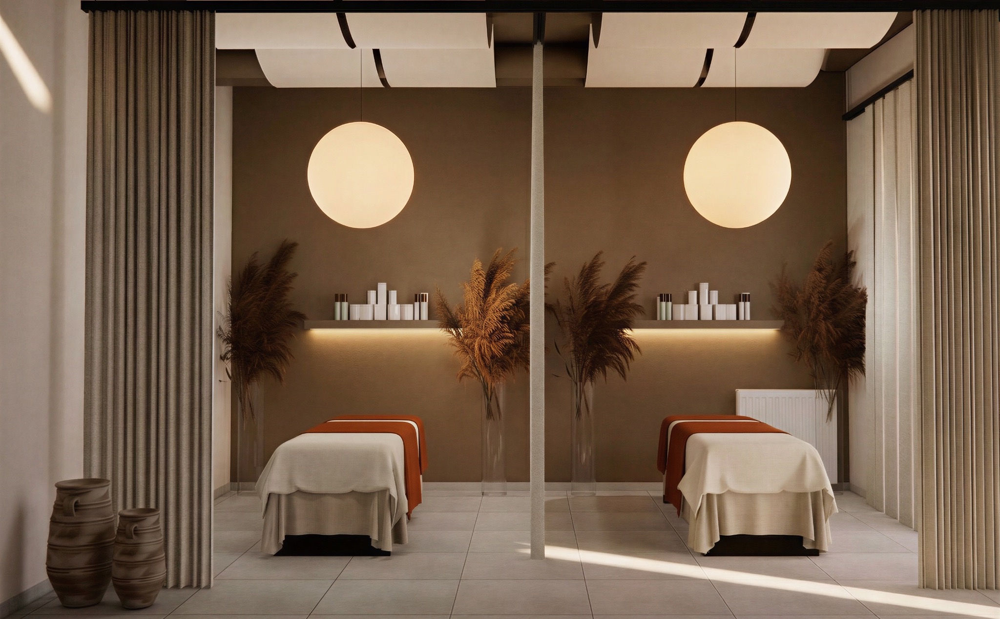 Stylowe wnętrze gabinetu kosmetycznego z dwoma leżankami, dekoracyjnymi trawami w wazonach i oświetleniem punktowym. Ciepła kolorystyka ścian i zasłon.