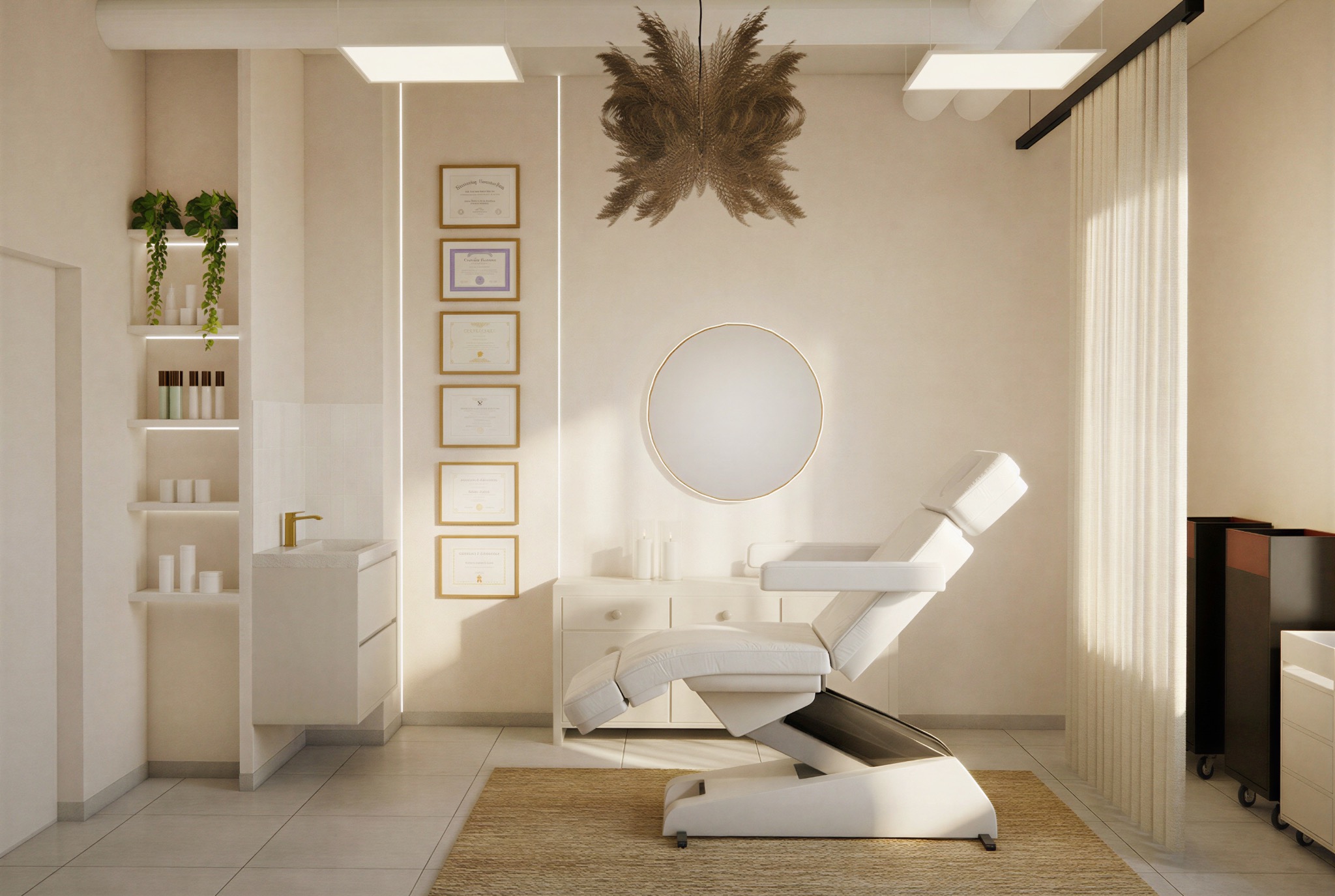 Jasne wnętrze gabinetu kosmetycznego z białym fotelem zabiegowym, okrągłym lustrem i dyplomami na ścianie. Minimalistyczny design z elementami roślinnymi i złotymi akcentami.