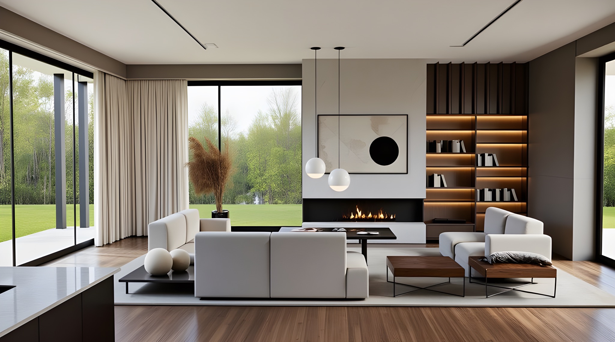 Nowoczesny salon z kominkiem i regałem na książki. Minimalistyczny design, jasne kolory, duże okna z widokiem na zieleń. Dwa białe sofy i stoliki kawowe na dywanie.