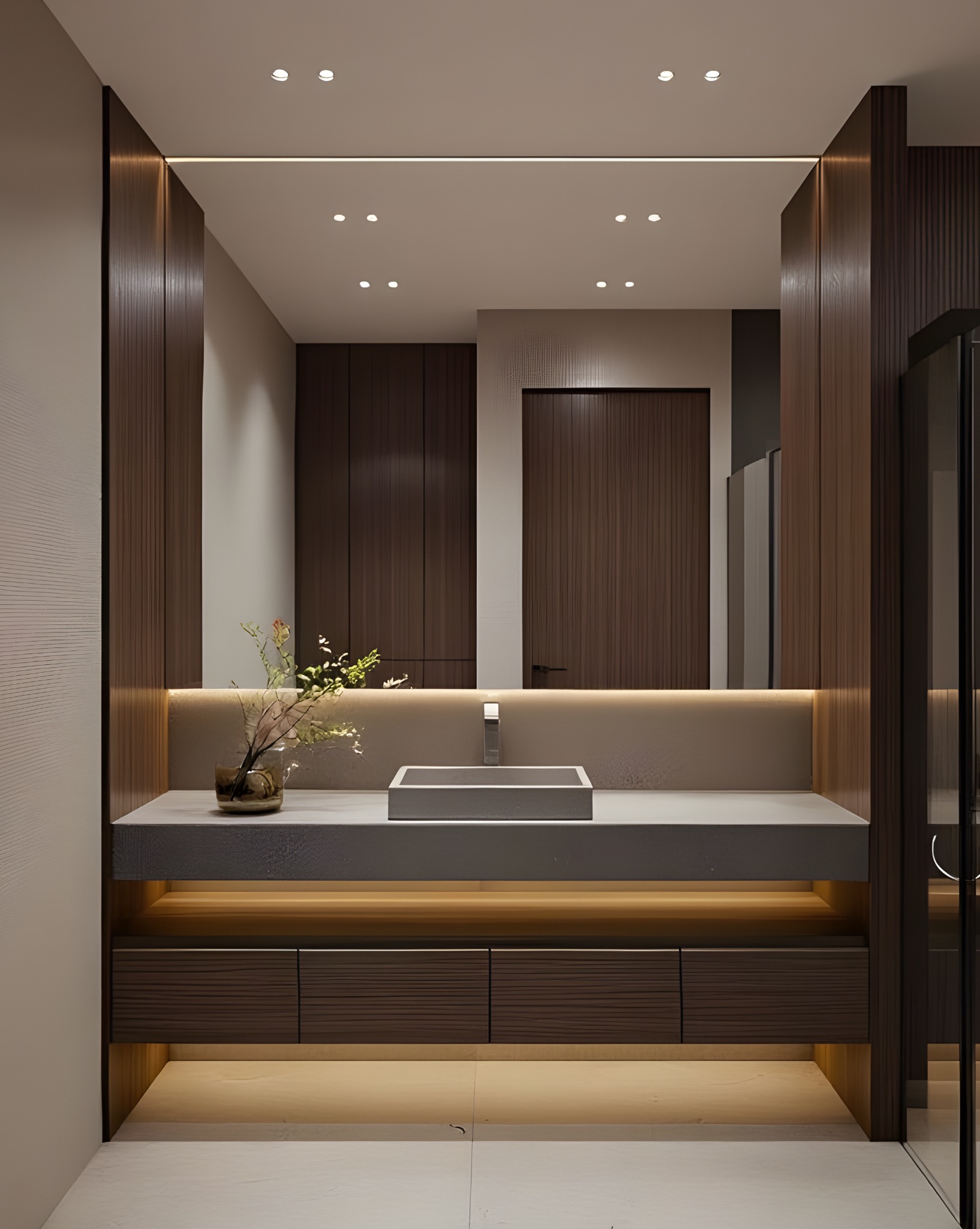 Nowoczesna łazienka z drewnianymi akcentami, podświetlanym blatem i minimalistyczną umywalką. W tle widoczne drzwi i fragment kabiny prysznicowej.