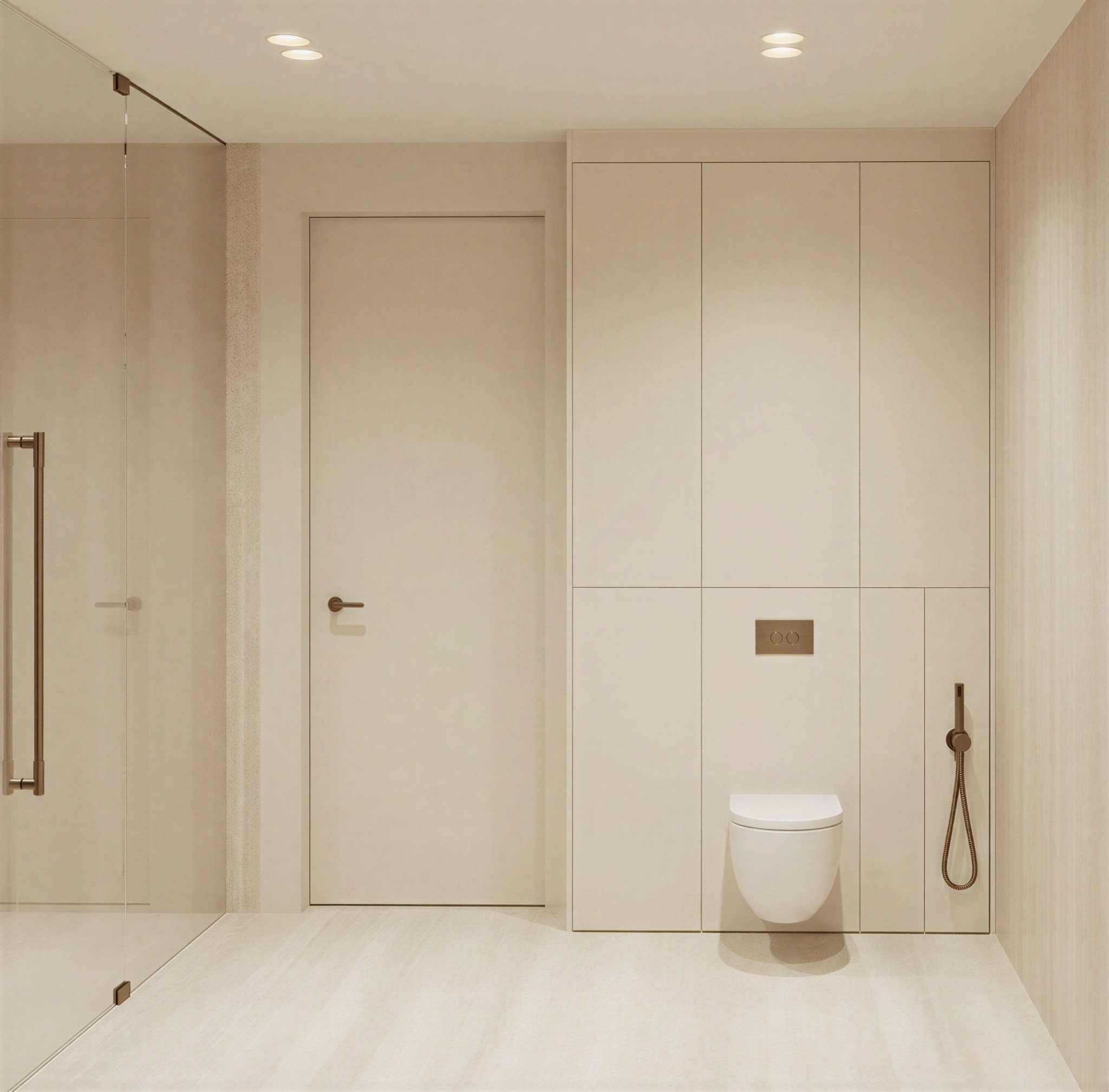 Minimalistyczna łazienka w beżach: kabina prysznicowa ze szklanymi drzwiami, podwieszana toaleta, zabudowa meblowa z ukrytą spłuczką i bidetką. Subtelne oświetlenie.