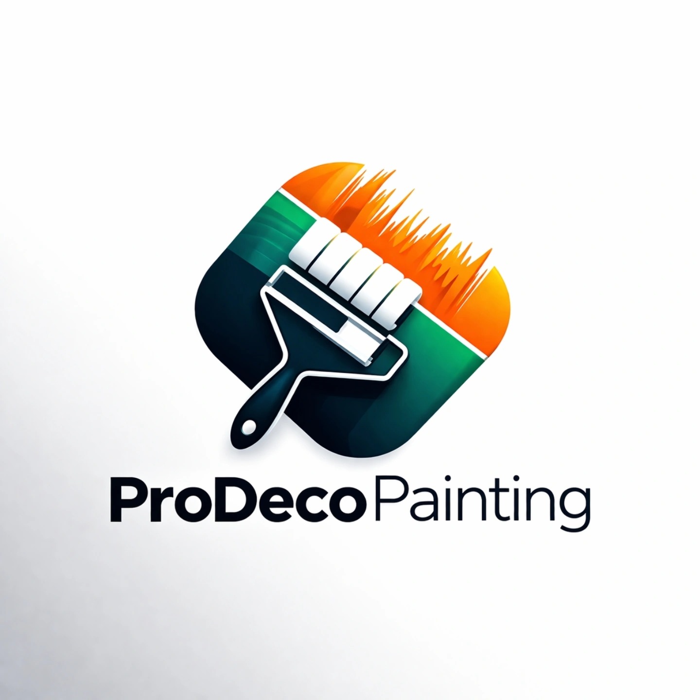 Graficzne logo ProDecoPainting: wałek malarski z zielono-pomarańczową farbą na białym tle. Nowoczesny design, gradienty, cień.