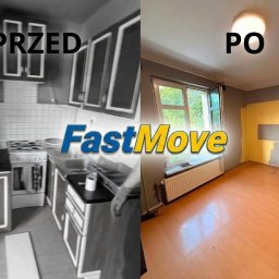 FastMove - Porównanie: stara, zagracona kuchnia z szafkami i sprzętem (PRZED) oraz to samo pomieszczenie po opróżnieniu, z częściowo pomalowanymi ścianami i widocznymi narzędziami do sprzątania (PO).