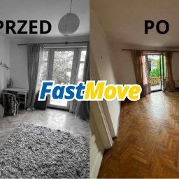 FastMove - Porównanie pokoju przed i po opróżnieniu: po lewej umeblowane wnętrze z dywanem i dekoracjami w szarości, po prawej puste pomieszczenie z lśniącym drewnianym parkietem i otwartymi drzwiami...