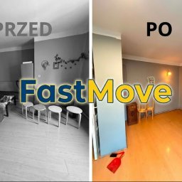 FastMove - Podzielone zdjęcie: po lewej zagracony pokój z ciemną sofą, rośliną i stołkami w szarości; po prawej ten sam pokój po usunięciu mebli i sprzątaniu, jasny, z czystą podłogą, w kolorze.