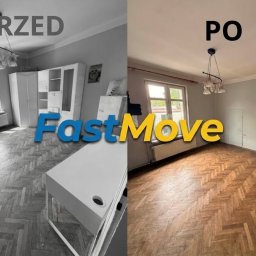 FastMove - Porównanie pokoju: po lewej umeblowany (szarość), po prawej pusty i czysty, z widocznym parkietem w jodełkę.