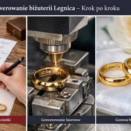 Grawer - Obrączki Legnica - Grawerowanie laserowe obrączek ślubnych: wybór czcionki, proces grawerowania daty 12.08.2021, gotowe obrączki z napisem 'Kocham Cię' i 'Na zawsze'.