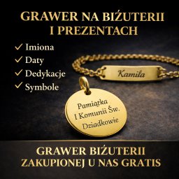 Grawer - Obrączki Legnica - Złota biżuteria z grawerem: bransoletka z imieniem 'Kamila' i okrągły wisiorek z dedykacją komunijną. Oferta grawerowania imion, dat, dedykacji i symboli na prezentach.