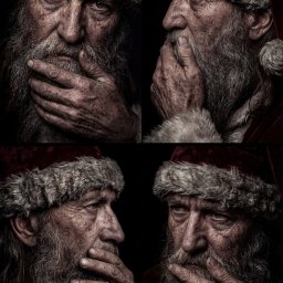 Umbralux - Cztery portrety starszego mężczyzny w stroju Świętego Mikołaja, zamyślony wyraz twarzy, ciemne tło, artystyczne oświetlenie, widoczne detale skóry i brody.