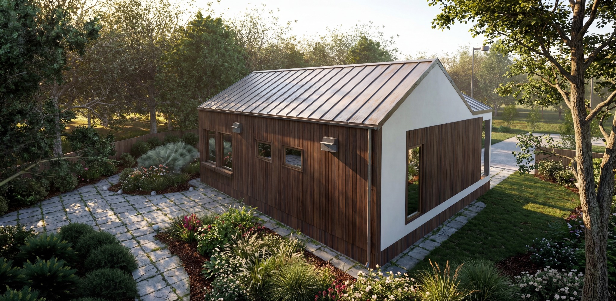 Wizualizacja nowoczesnego, parterowego budynku z drewnianą elewacją i metalowym dachem, otoczonego zielenią. Widok z góry ukazuje ścieżkę z kamiennych płyt.