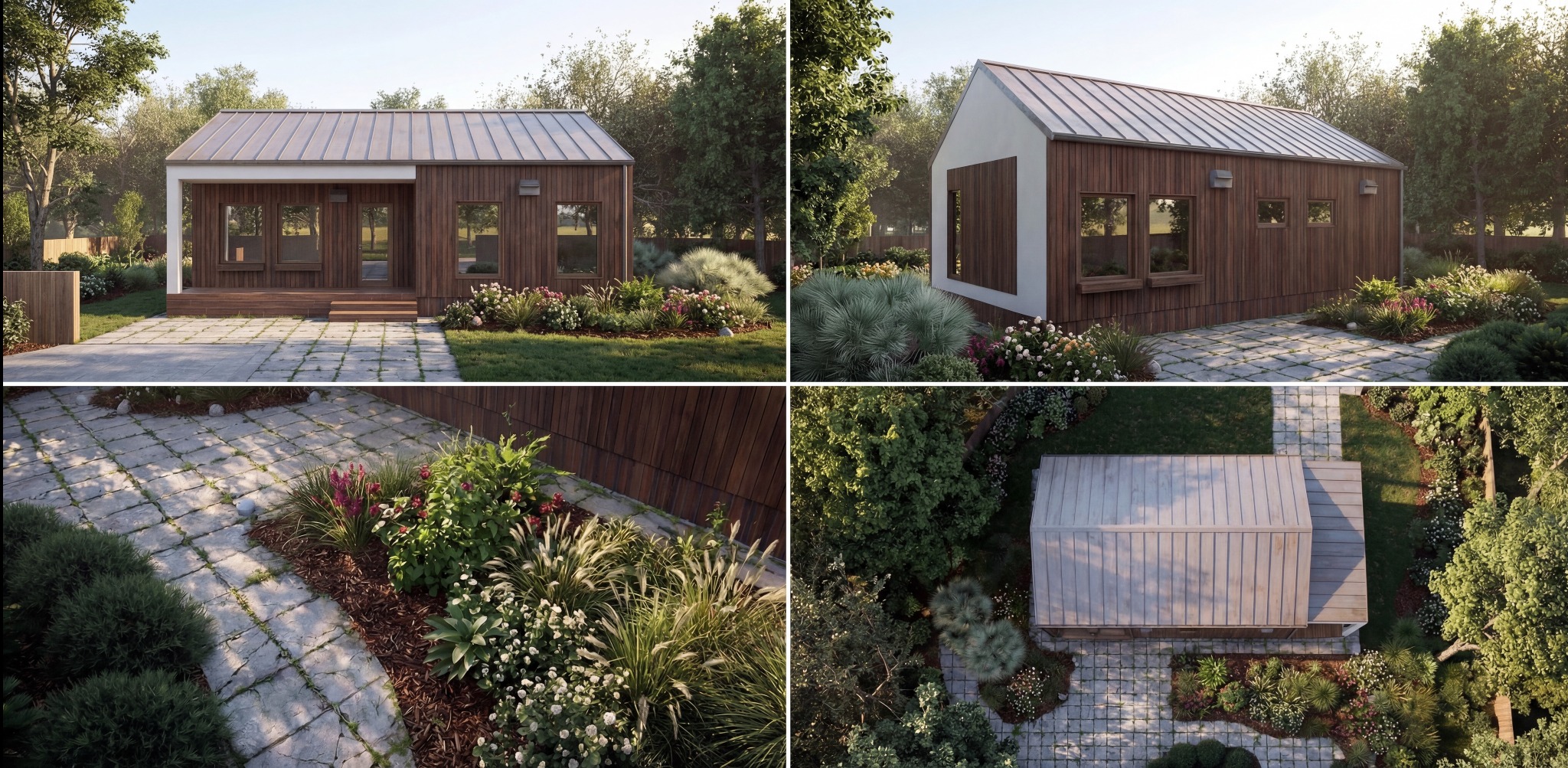 Wizualizacja domu z drewnianą elewacją i metalowym dachem, otoczonego ogrodem z kamienną ścieżką. Ujęcie z różnych perspektyw, w tym z góry, prezentuje architekturę i krajobraz.